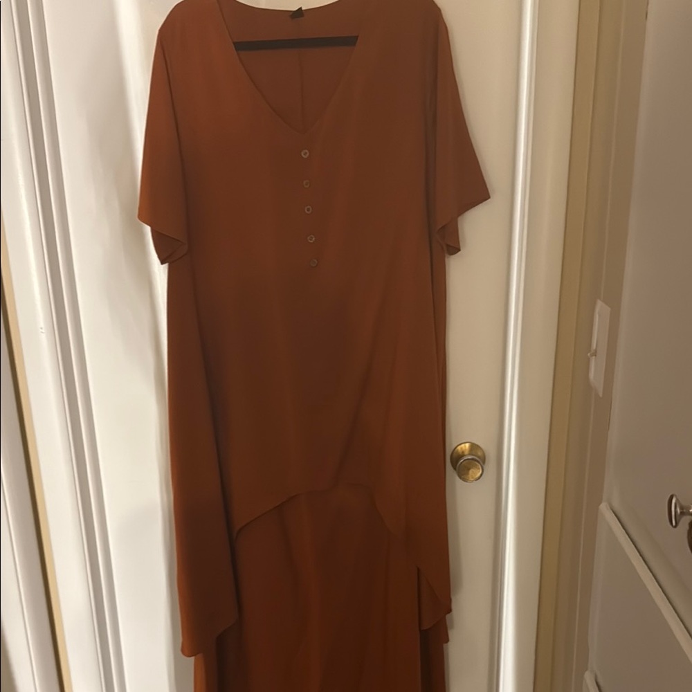 Brown Casual High Low Dress with V-Neck